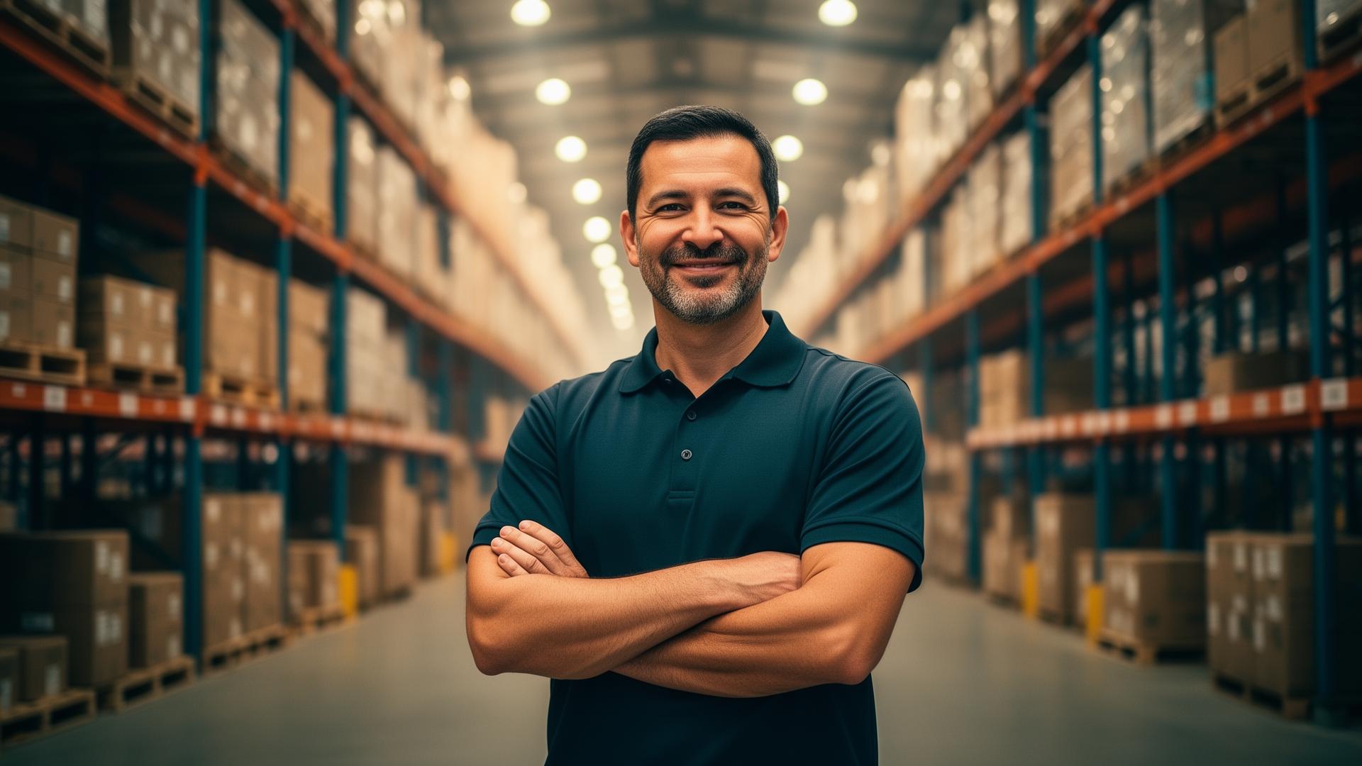 Gestor de armazém em um centro de distribuição moderno com estoque ao fundo